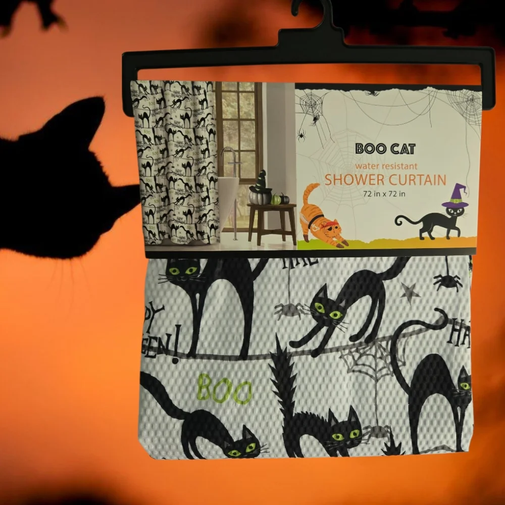Boo Cat Halloween Water Resistant Fabric Shower Curtain with Black Cats